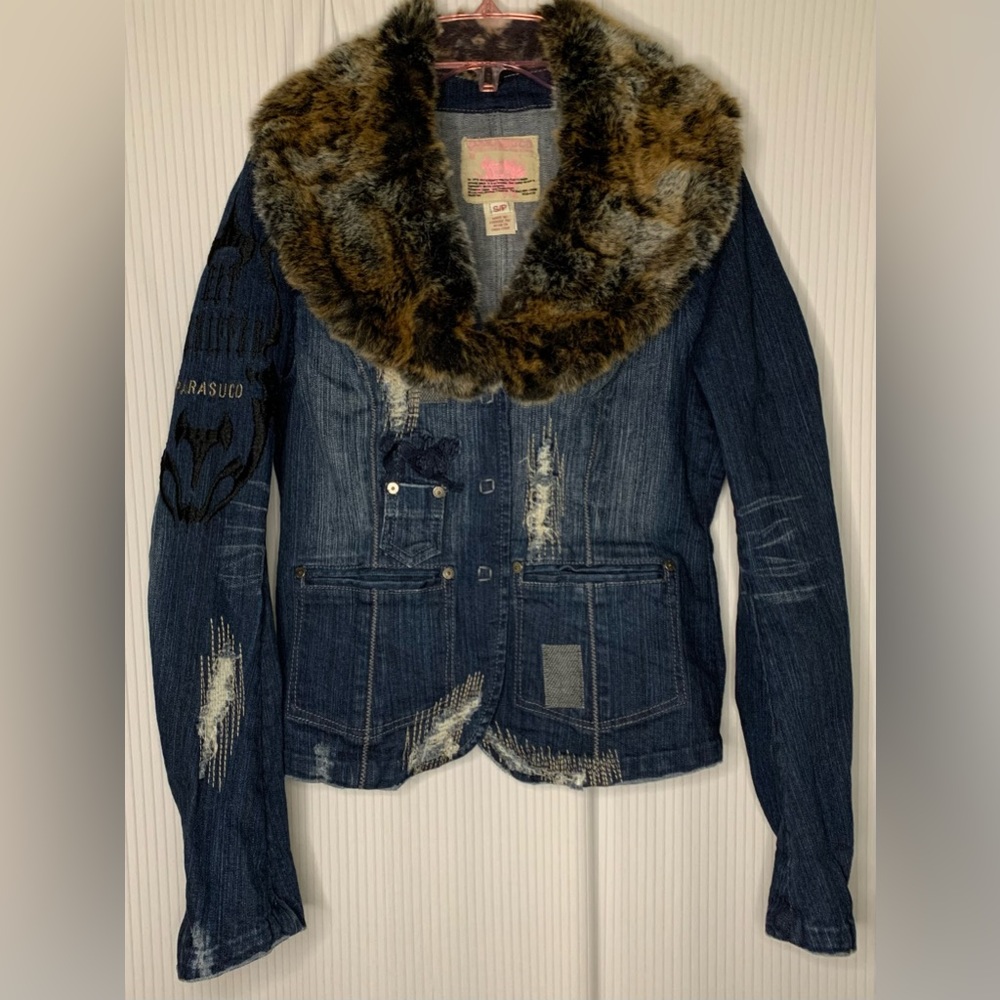 Parasuco Denim Jacket Factory Distressed Removable Faux Fur Collar Embroidery